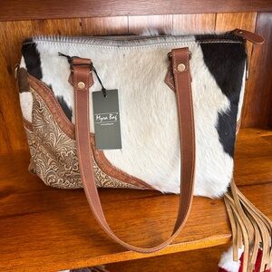 Brown and White Patchwork Shoulder Bag with Leather Tassel